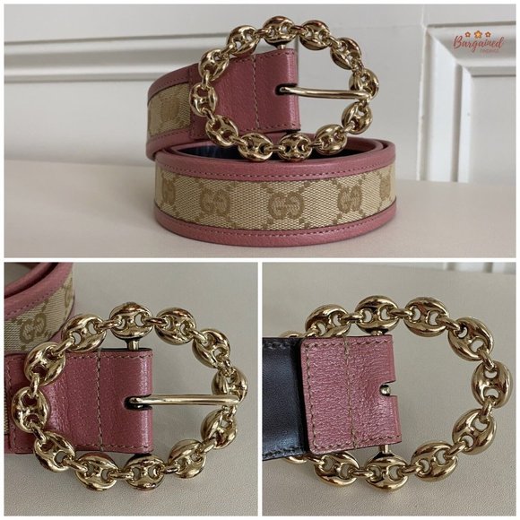 Authentic Gucci Pink Monogram Canvas Leather Gold Chain Buckle Belt Size 80/32 - Picture 2 of 14